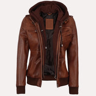 Womens Brown Hooded Bomber Leather Jacket Leather Jacket women front product view | Dash Racegear — Brown Hooded Bomber Leather Jacket For Sale