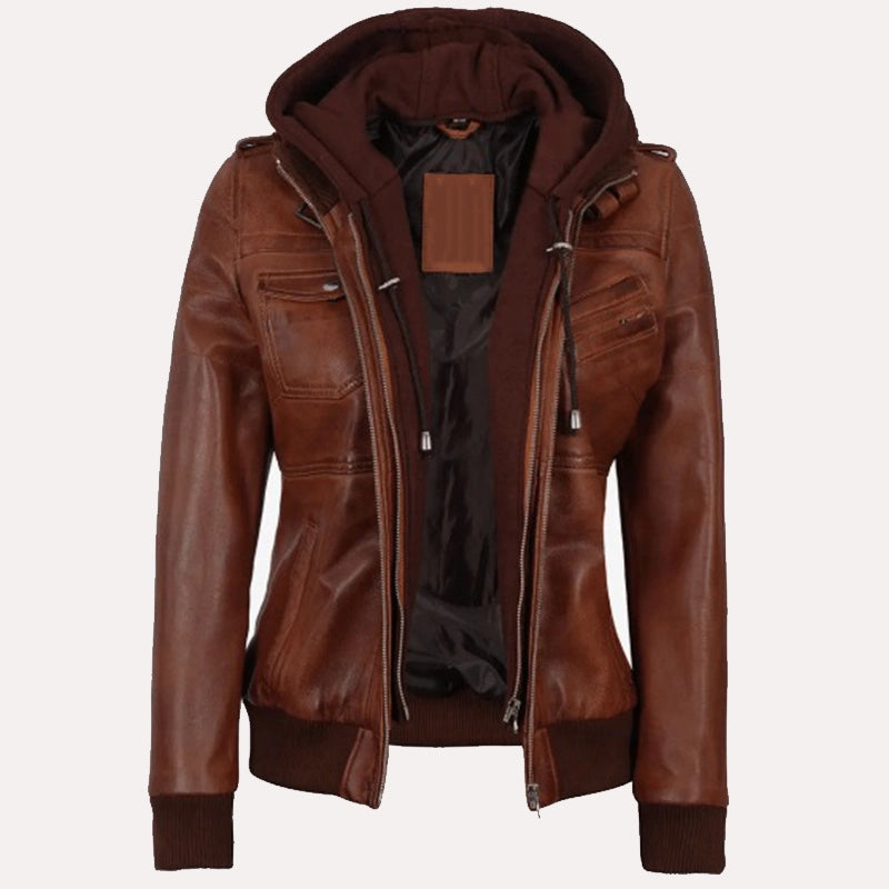 Womens Brown Hooded Bomber Leather Jacket Leather Jacket women front product view | Dash Racegear — Brown Hooded Bomber Leather Jacket For Sale