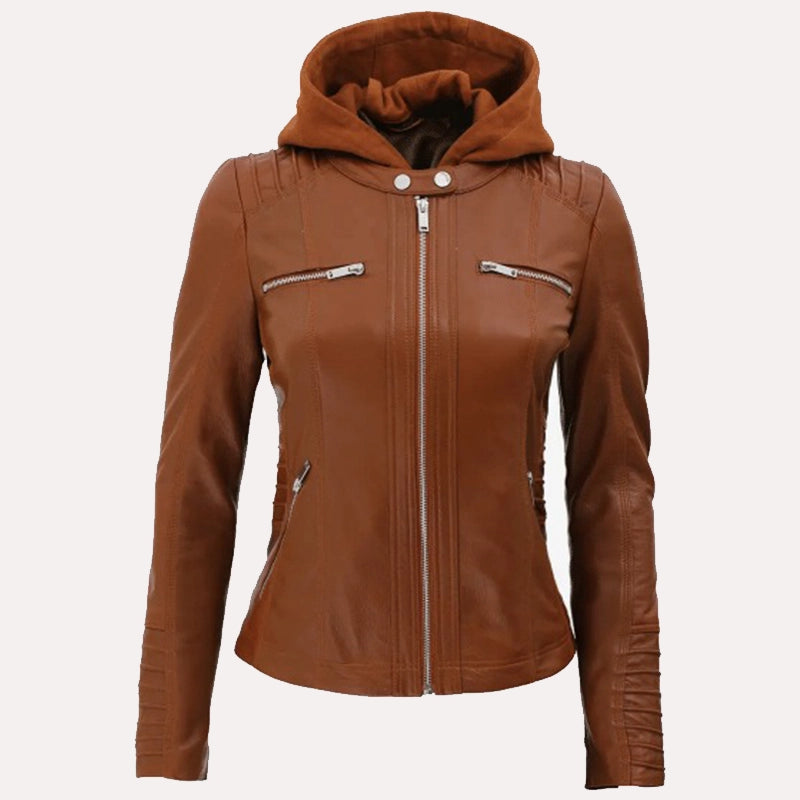 Womens Brown Hooded Leather Jacket Leather Jacket women front product view | Dash Racegear — Brown Leather Jacket With Removable Hood