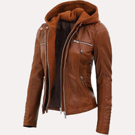 Womens Brown Hooded Leather Jacket Leather Jacket women detail view 2 | Dash Racegear — Brown Hooded Leather Jacket