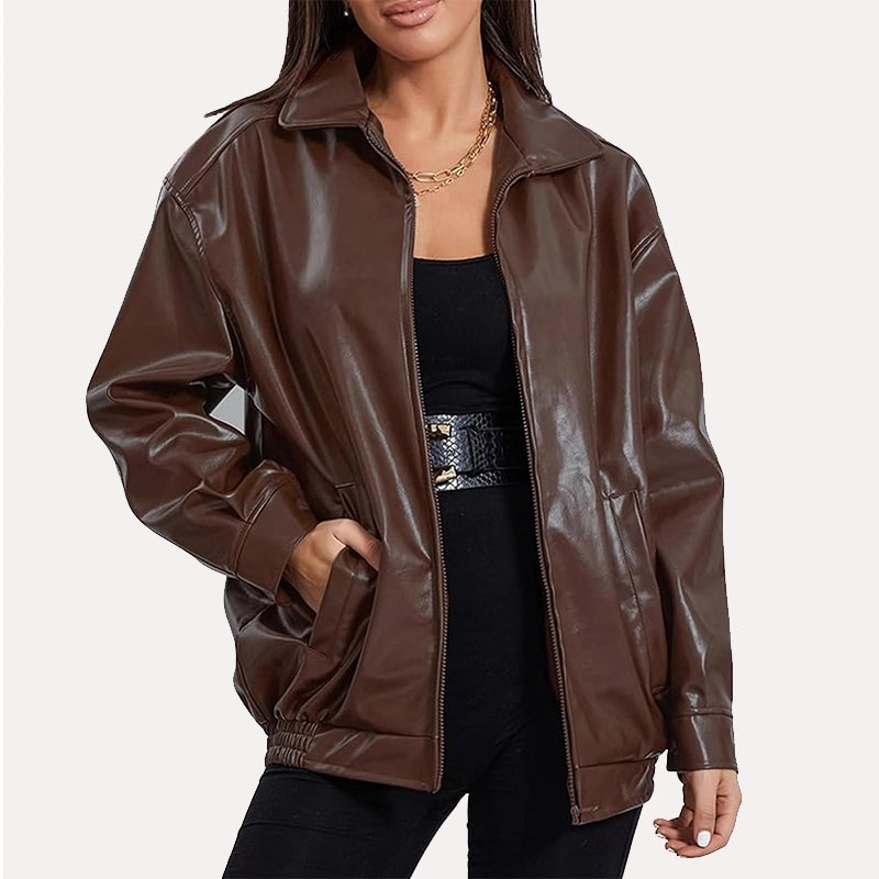 Womens Brown Leather Oversized Bomber Jacket Bomber Jacket women detail view 2 | Dash Racegear — Women's Oversized Brown Faux Leather Bomber Jacket
