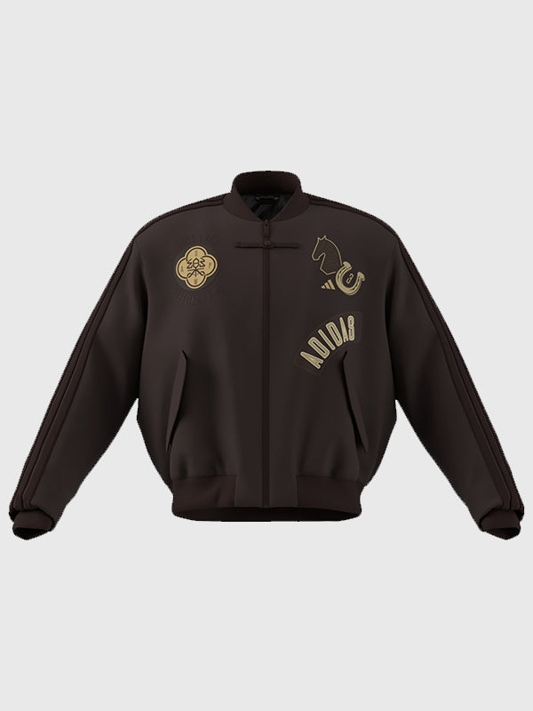 Adidas CNY Modern China Padded Bomber Jacket Bomber Jacket unisex front product view | Dash Racegear — Recreation Adidas Chinese New Year 2026 3 Stripes Modern China padded bomber jacket in brown with insulated comfort