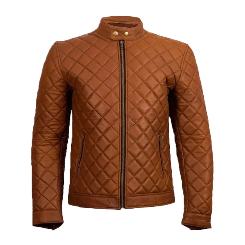 Men’s Brown Quilted Cafe Racer Jacket Jacket men front product view | Dash Racegear — Brown Quilted Cafe Racer Jacket