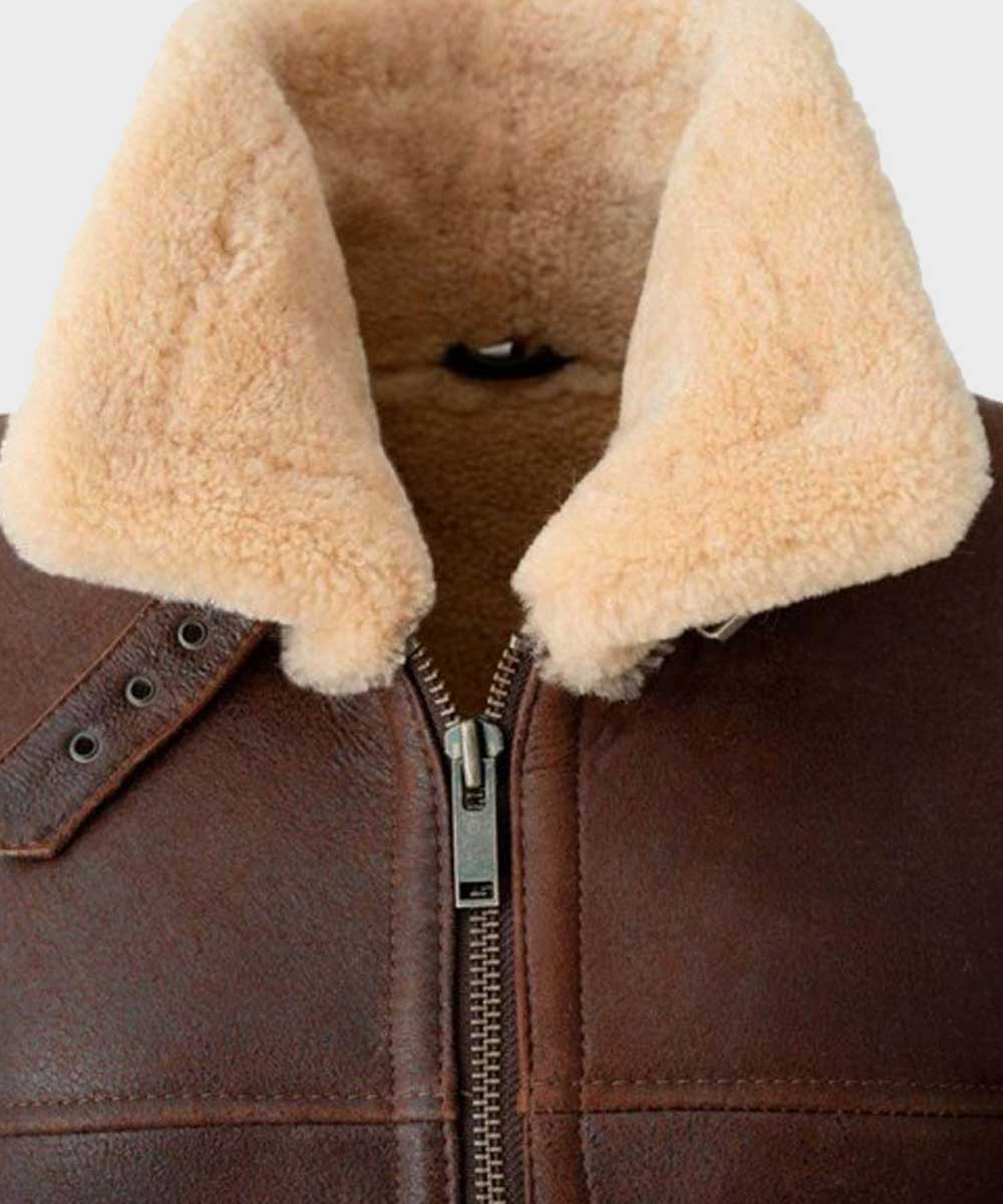 Mens Brown Aviator Shearling Leather Jacket Leather Jacket men detail view 2 | Dash Racegear — Mens Shearling Brown Aviator Leather Jacket