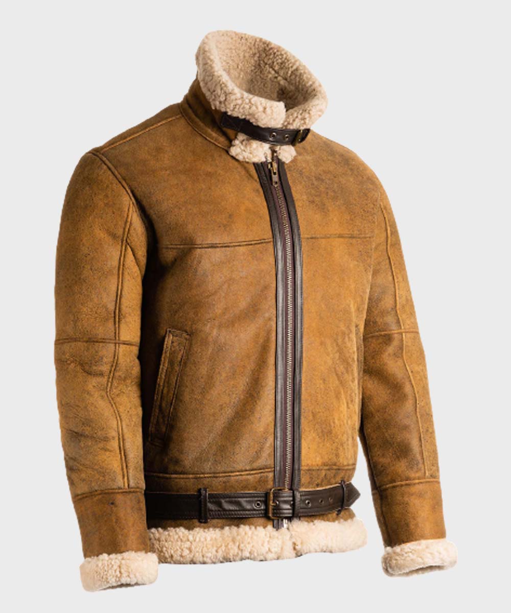Mens Aviator Brown Sheepskin Shearling B3 Jacket Jacket men detail view 2 | Dash Racegear — Brown Sheepskin Shearling Mens Bomber Leather B3 Jacket