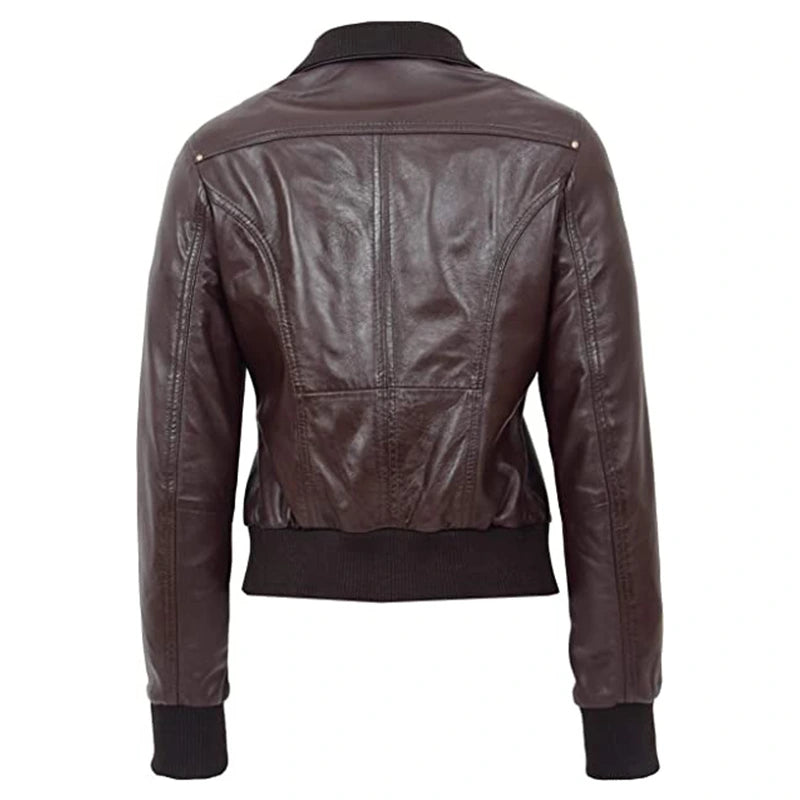 Women Brown Bomber Leather Jacket Bomber Jacket women detail view 2 | Dash Racegear — Dark Brown Bomber Leather Jacket