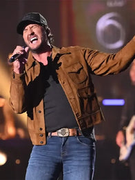 Luke Bryan 2026 Brown Suede Jacket Jacket unisex detail view 3 | Dash Racegear — Brown suede leather jacket worn by Luke Bryan at Taylor Swift Night 2026, rugged premium style for stage performance