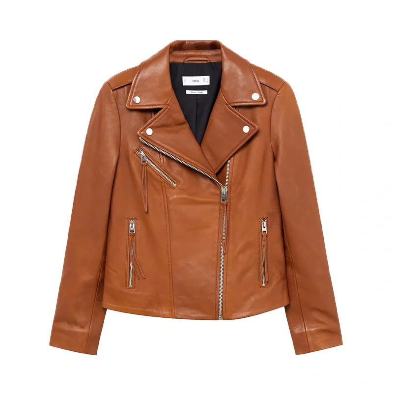 Heather Brown Biker Leather Jacket Leather Jacket unisex front product view | Dash Racegear — Brown Biker Leather Jacket