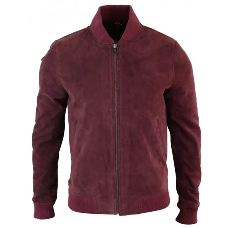 Burgundy Bomber Suede Jacket For Men Bomber Jacket men front product view | Dash Racegear — Burgundy Bomber Suede Jacket