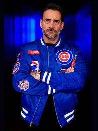 CM Punk Chicago Cubs Blue Jacket Jacket unisex front product view | Dash Racegear — Best in the World Second City Saint CM Punk Blue Satin Jacket with a sleek finish and timeless wrestling-inspired style.