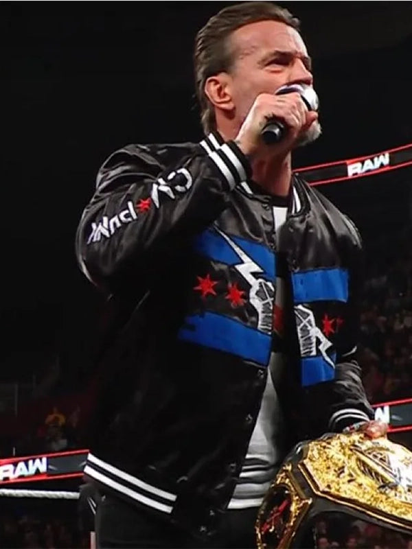 CM Punk Chicago Made Bomber Jacket Bomber Jacket unisex front product view | Dash Racegear — Black WWE CM Punk Chicago Made jacket with zip front and subtle branding for wrestling lovers on the go.
