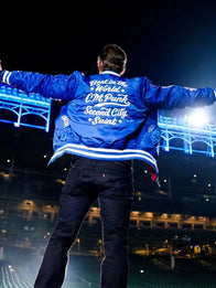 CM Punk Chicago Cubs Blue Jacket Jacket unisex detail view 3 | Dash Racegear — Blue satin CM Punk jacket showcasing Best in the World styling and a refined athletic aesthetic.