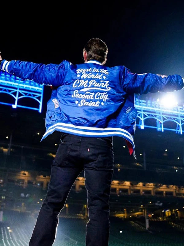 CM Punk Chicago Cubs Blue Jacket Jacket unisex detail view 3 | Dash Racegear — Blue satin CM Punk jacket showcasing Best in the World styling and a refined athletic aesthetic.