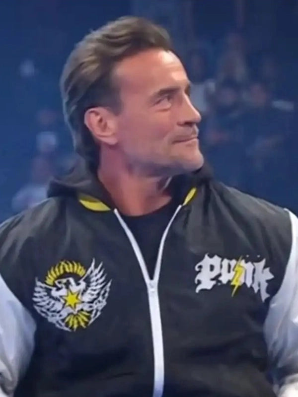 WWE Nexus CM Punk Bomber Jacket Bomber Jacket unisex front product view | Dash Racegear — CM Punk Nexus WWE SmackDown Black & White Hooded Bomber Jacket featuring premium comfort and bold wrestling-inspired everyday style.