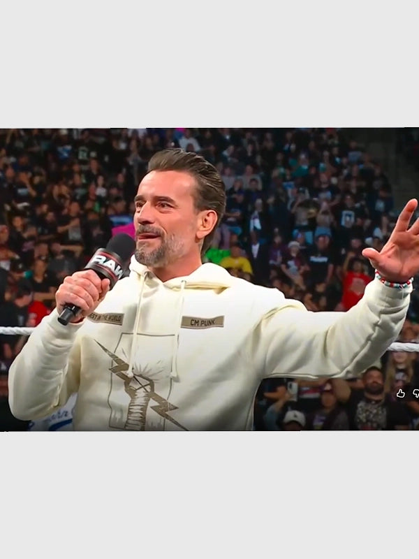 CM Punk Beige Hoodie Hoodie unisex detail view 4 | Dash Racegear — WWE RAW 2025 White Hoodie with a striking CM Punk and Jey Uso Face-Off print and “Best In The World” tagline.
