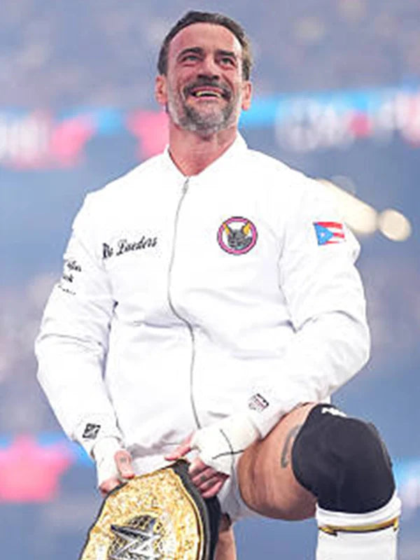 WrestleMania 42 CM Punk Jacket Jacket unisex front product view | Dash Racegear — CM Punk WrestleMania 42 white bomber jacket, Bo Lueders tribute design for bold wrestling streetwear style.