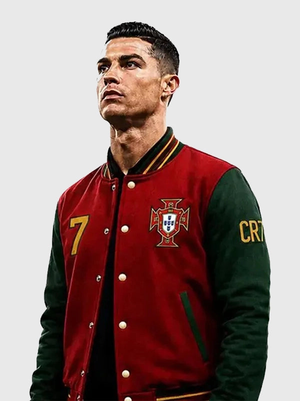 Ronaldo Portugal Varsity Jacket Varsity Jacket unisex front product view | Dash Racegear — Cristiano Ronaldo CR7 Portugal Red and Green Varsity Jacket with a bold athletic design and timeless football-inspired style.