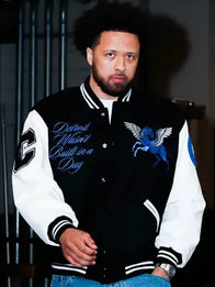 Cade Cunningham Ford Jacket Jacket unisex detail view 2 | Dash Racegear — Black and white Cade Cunningham Ford varsity jacket, wool-leather mix, sporty snap-front design for men and women fashion fans.