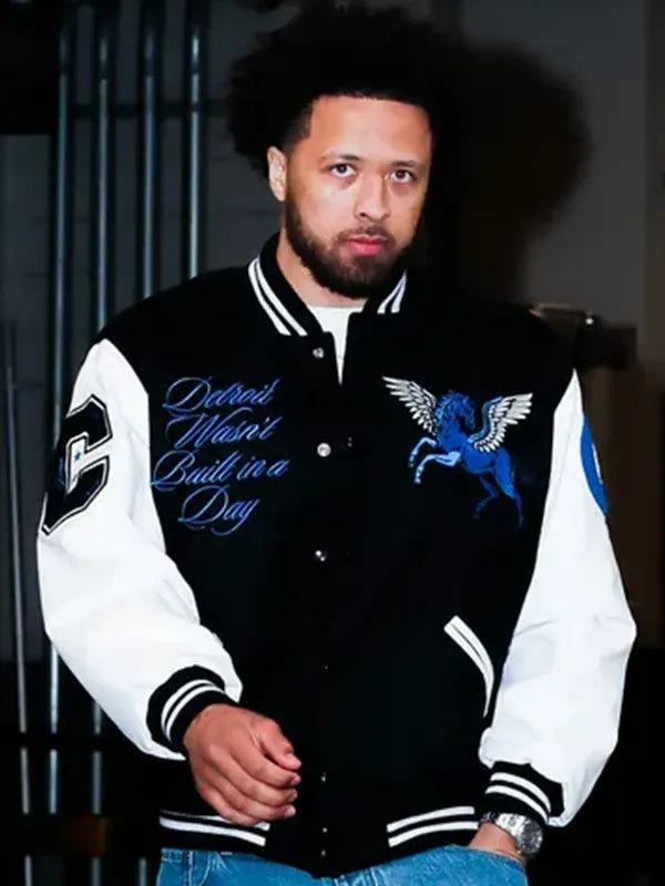 Cade Cunningham Ford Jacket Jacket unisex detail view 2 | Dash Racegear — Black and white Cade Cunningham Ford varsity jacket, wool-leather mix, sporty snap-front design for men and women fashion fans.