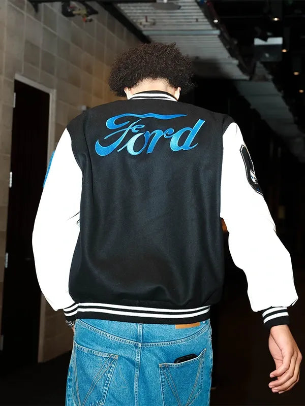Cade Cunningham Ford Jacket Jacket unisex detail view 3 | Dash Racegear — Custom Ford varsity jacket Cade Cunningham edition, black & white colorway, premium wool body, leather sleeves for standout wear.