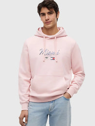 Tommy Hilfiger x Cadillac F1 Team Miami Hoodie Hoodie unisex front product view | Dash Racegear — Tommy Hilfiger x Cadillac F1 Team Miami pink graphic hoodie, unisex fit for bold motorsport streetwear style.