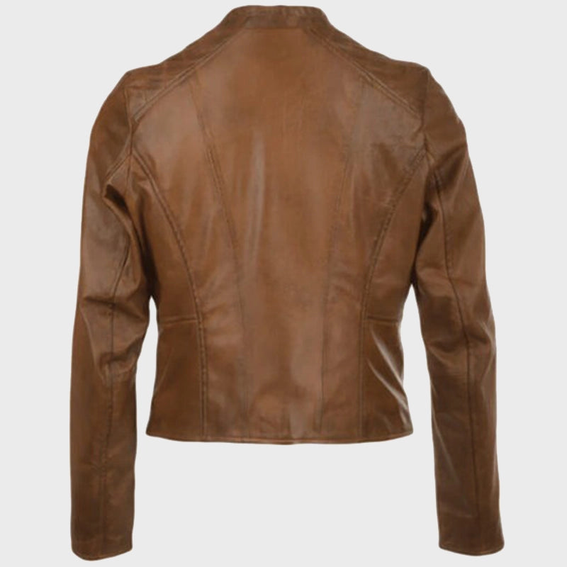 Women’s Cafe Racer Chocolate Brown Leather Jacket Leather Jacket women detail view 2 | Dash Racegear — Chocolate Brown Women’s Cafe Racer Leather Jacket