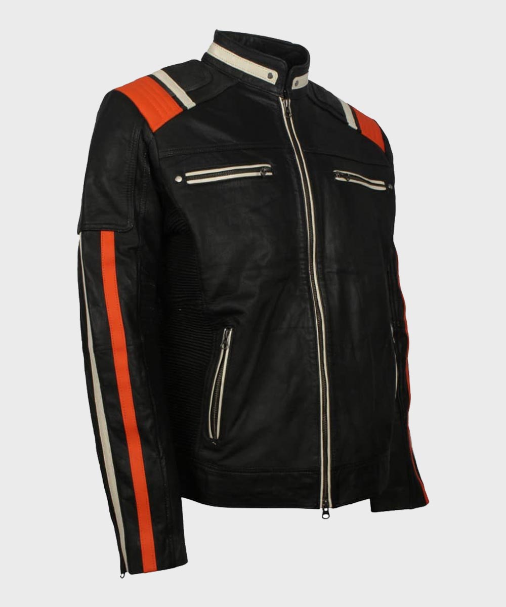 Mens Cafe Racer Striped Black Retro Biker Jacket Biker Jacket men detail view 2 | Dash Racegear — Mens Cafe Racer Black Retro Motorcycle Jacket