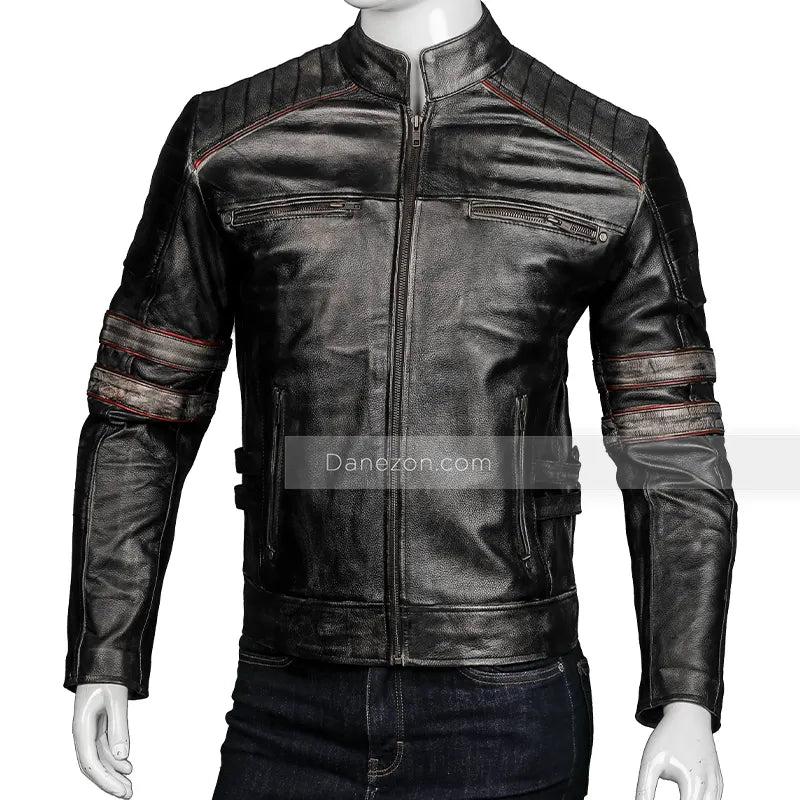 Mens Cafe Racer Retro Distressed Leather Jacket Biker Jacket men front product view | Dash Racegear — Mens Distressed Leather Retro Cafe Racer jacket