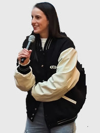 Caitlin Clark x Nike Varsity Jacket Varsity Jacket unisex detail view 3 | Dash Racegear — Black & cream Caitlin Clark Nike Varsity Jacket, classic design with soft lining for everyday fan wear.