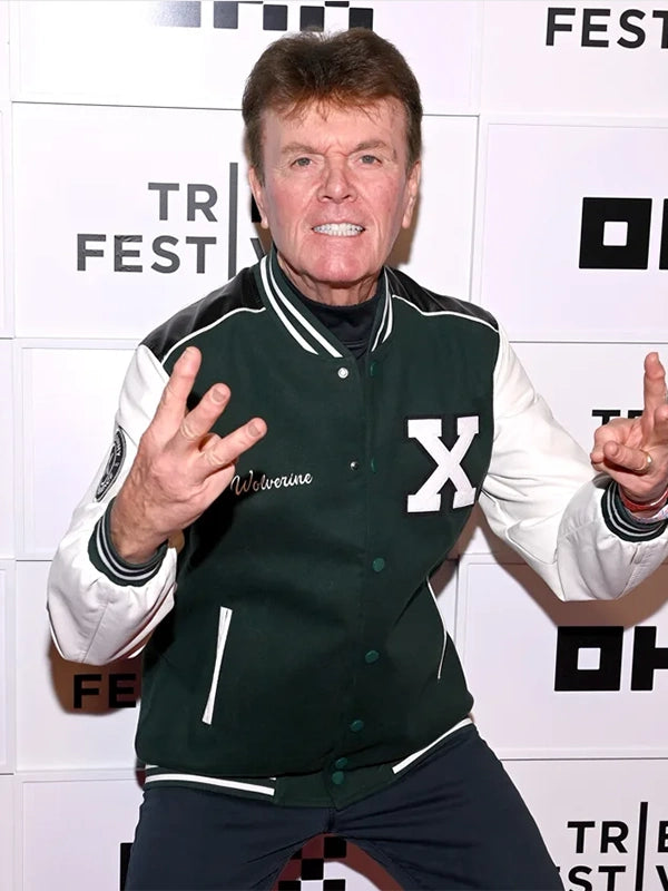 Cal Dodd WOLVERINE X-Men 97 Green Letterman Jacket Jacket unisex front product view | Dash Racegear — Cal Dodd AKA WOLVERINE X-Men 97 Green and White Letterman Varsity Jacket featuring retro varsity fashion appeal and quality craftsmanship