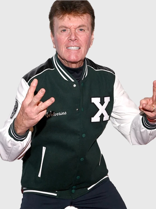 Cal Dodd WOLVERINE X-Men 97 Green Letterman Jacket Jacket unisex detail view 2 | Dash Racegear — Cal Dodd AKA WOLVERINE X-Men 97 Green and White Letterman Varsity Jacket with classic superhero style and premium comfort