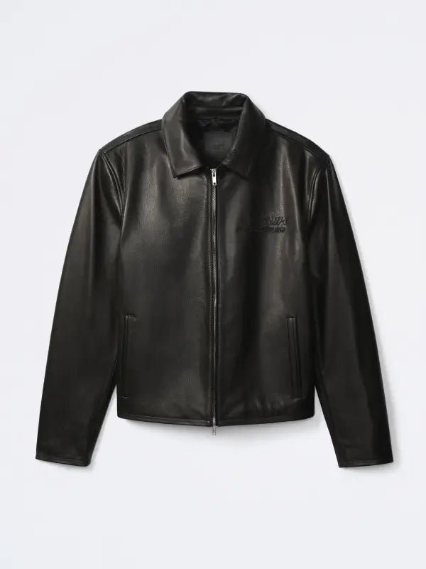 Jungkook Calvin Klein Leather Jacket Leather Jacket unisex detail view 6 | Dash Racegear — Black racer jacket combining Calvin Klein design with Jungkook inspired contemporary fashion influence.