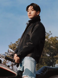 Jungkook Calvin Klein Leather Jacket Leather Jacket unisex detail view 4 | Dash Racegear — A sleek black leather jacket with minimalist racer cut and soft build inspired by Jungkook.