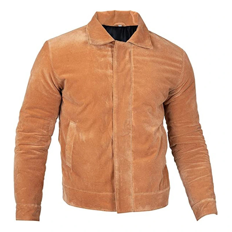 Mens Camel Brown Suede Leather Jacket Leather Jacket men front product view | Dash Racegear — Mens Camel Brown Suede Leather Jacket
