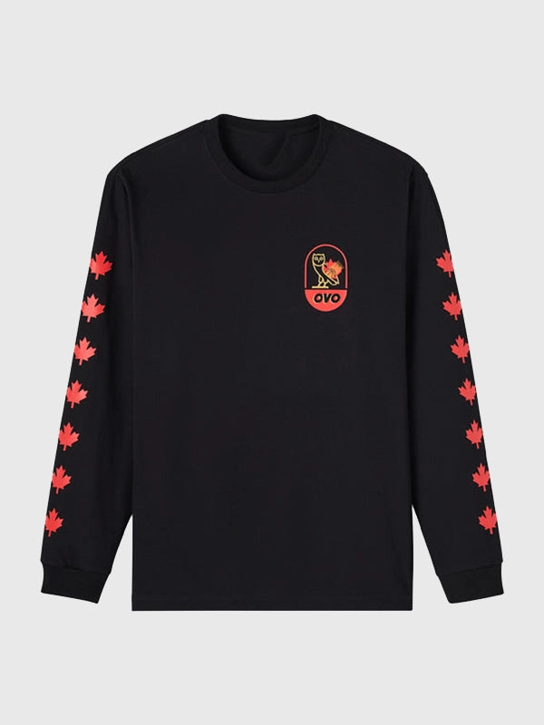 OVO Canada Basketball Long Sleeve T-Shirt Shirt unisex front product view | Dash Racegear — October’s Very Own Canada Basketball 2026 Black Long Sleeve T Shirt with relaxed layering and court focused artwork