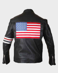 Captain America Easy Rider Black Jacket Biker Jacket unisex front product view | Dash Racegear — Johnny Knoxville Captain America Easy Rider US Flag Leather Jacket