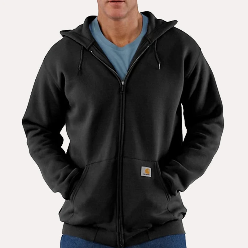 Carhartt Midweight Zip Up Hoodie Hoodie unisex front product view | Dash Racegear — Carhartt Loose Fit Midweight Full Zip-Up Hoodie in black, showcasing its relaxed fit and durable design.
