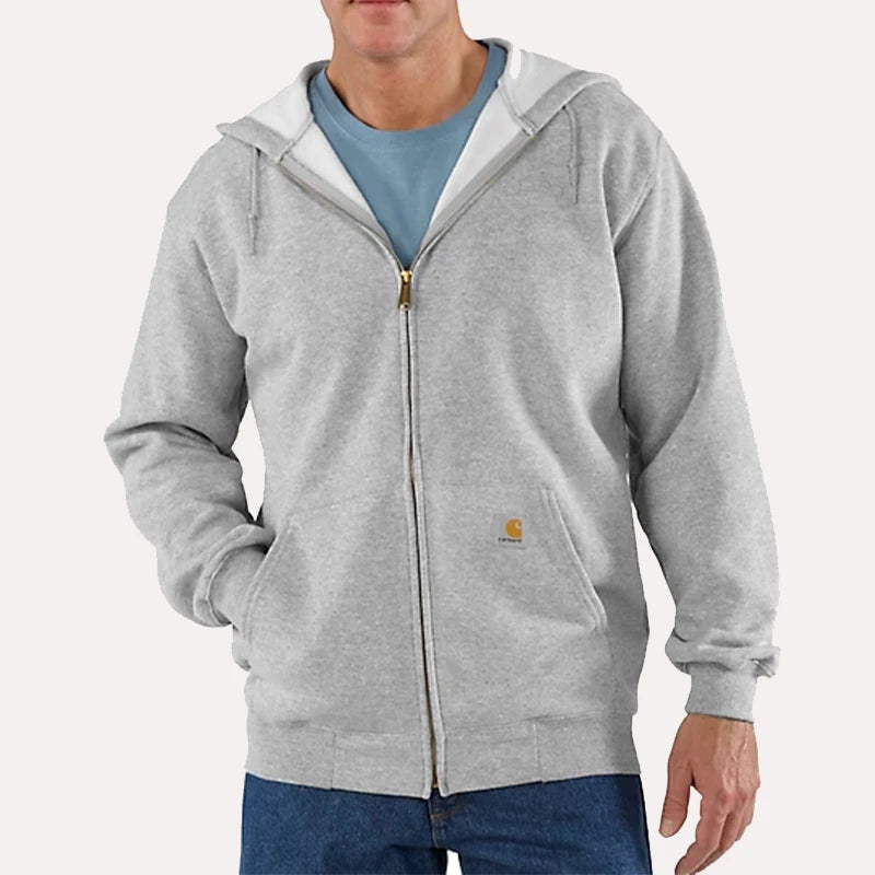 Carhartt Midweight Zip Up Hoodie Hoodie unisex detail view 2 | Dash Racegear — Carhartt Loose Fit Grey Midweight Full Zip-Up Hoodie, demonstrating its comfortable and roomy fit.