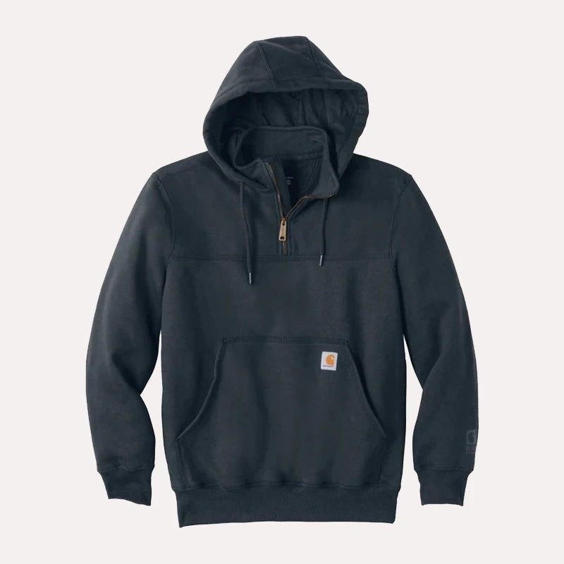 Carhartt Paxton Heavyweight Hoodie Hoodie unisex detail view 2 | Dash Racegear — Navy blue Carhartt fleece hoodie laid flat, showcasing its heavyweight fabric and classic fit.