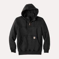 Carhartt Paxton Heavyweight Hoodie Hoodie unisex front product view | Dash Racegear — Front view of the Carhartt Defender Paxton Heavyweight Hooded Zip Mock Hoodie in black, featuring a fleece build and a durable half-zip design.