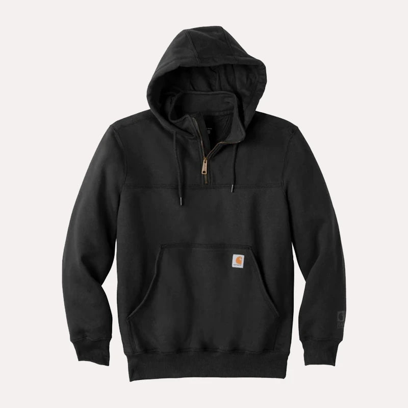 Carhartt Paxton Heavyweight Hoodie Hoodie unisex front product view | Dash Racegear — Front view of the Carhartt Defender Paxton Heavyweight Hooded Zip Mock Hoodie in black, featuring a fleece build and a durable half-zip design.