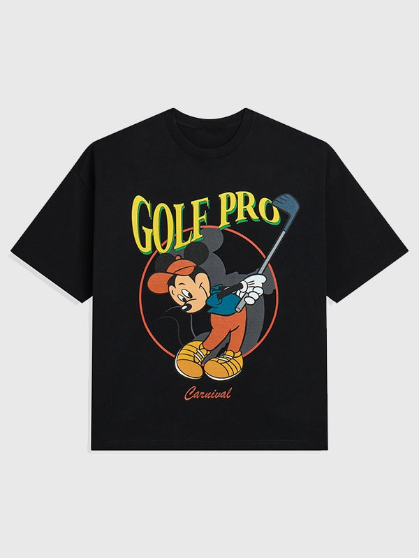 Carnival Golf x Disney Mickey Swing OVS T-Shirt Shirt unisex front product view | Dash Racegear — Black Carnival Golf x Disney Mickey Swing OVS T-shirt featuring a relaxed unisex design and timeless casual appeal.