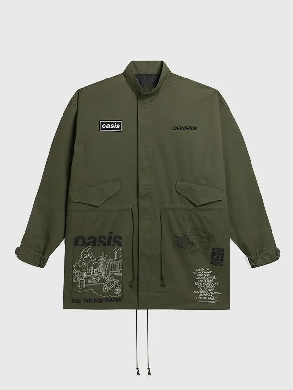 Carnival x Oasis Legendary Parka Jacket Jacket unisex front product view | Dash Racegear — Unisex Legendary Carnival x Oasis 2026 green parka jacket, insulated and stylish for everyday wear.