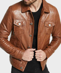 Mens Casual Brown Leather Jacket Leather Jacket men detail view 3 | Dash Racegear — Mens Brown Shirt Collar Biker Jacket