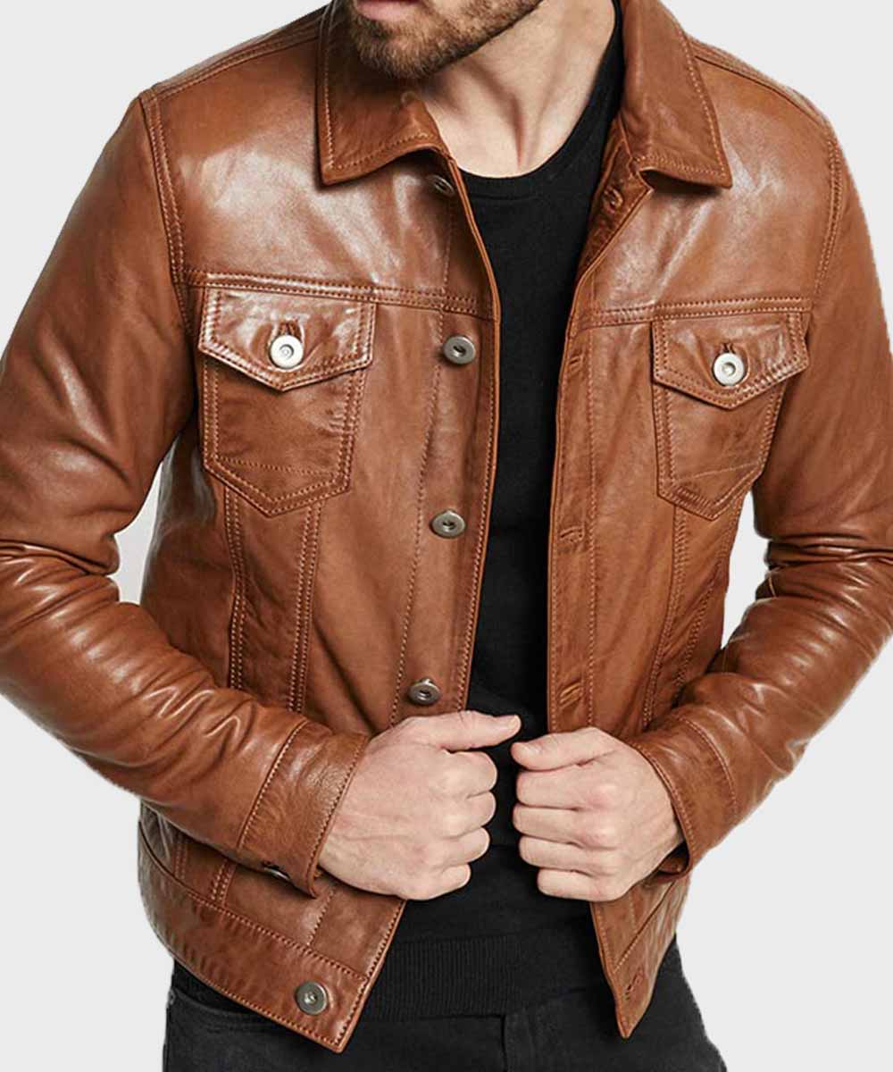 Mens Casual Brown Leather Jacket Leather Jacket men detail view 3 | Dash Racegear — Mens Brown Shirt Collar Biker Jacket