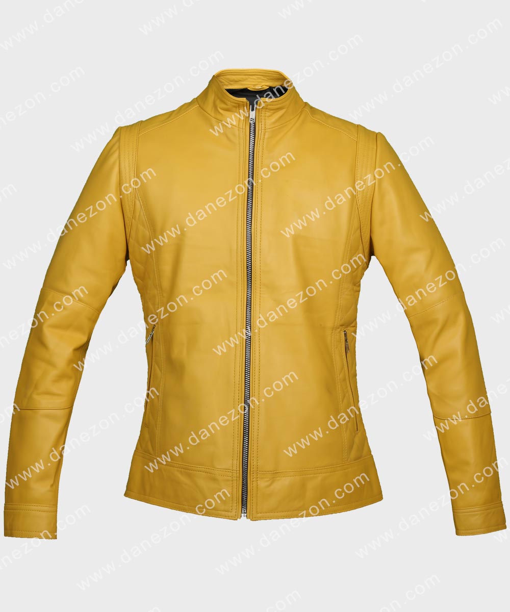 Womens Yellow Leather Jacket Leather Jacket women front product view | Dash Racegear — Women Yellow Leather Jacket
