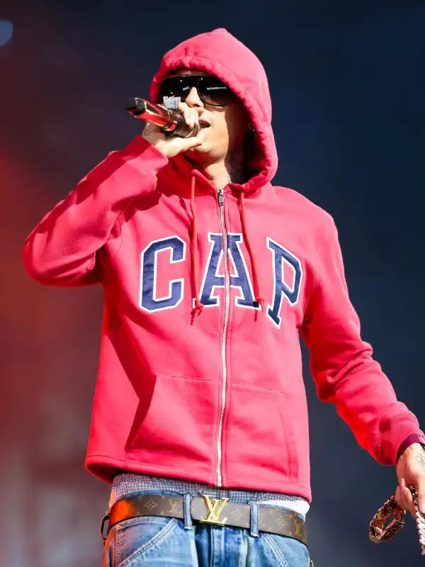 Central Cee Coachella Cap Hoodie Hoodie unisex front product view | Dash Racegear — Central Cee Coachella hoodie in red, zip-up style with relaxed silhouette for everyday comfort wear.