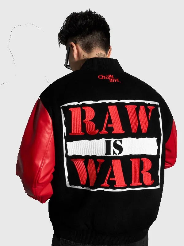 Raw Is The War Varsity Jacket Varsity Jacket unisex front product view | Dash Racegear — Chalk Line WWE Raw Is War jacket with snap front and striped cuffs, ideal for bold streetwear style.