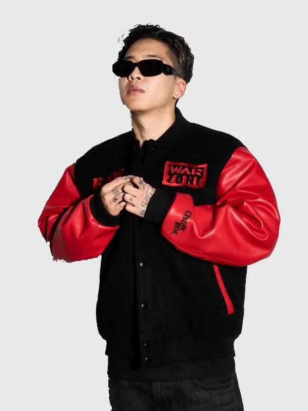 Raw Is The War Varsity Jacket Varsity Jacket unisex detail view 2 | Dash Racegear — Retro-inspired Raw Is War varsity jacket in black and red, built for fans repping attitude-era nostalgia.