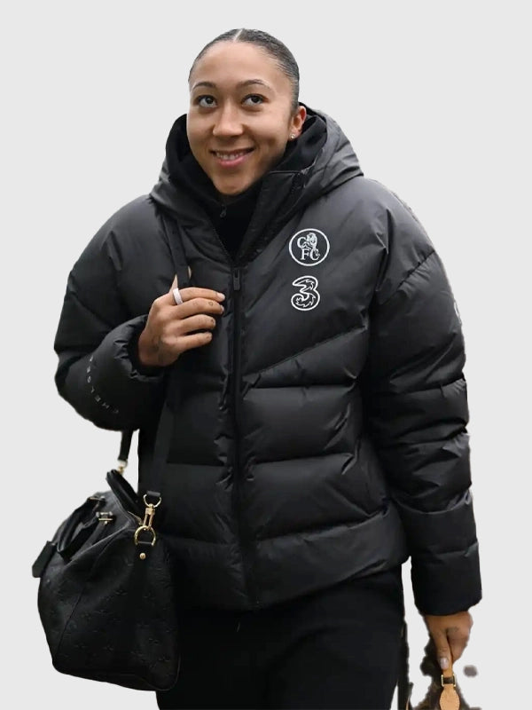 Chelsea FC UEFA Women’s Champions League Puffer Jacket Puffer Jacket unisex detail view 5 | Dash Racegear — Stay stylish and snug in this Chelsea FC 2025 Women’s Champions League black puffer with hood for cheering or casual wear.